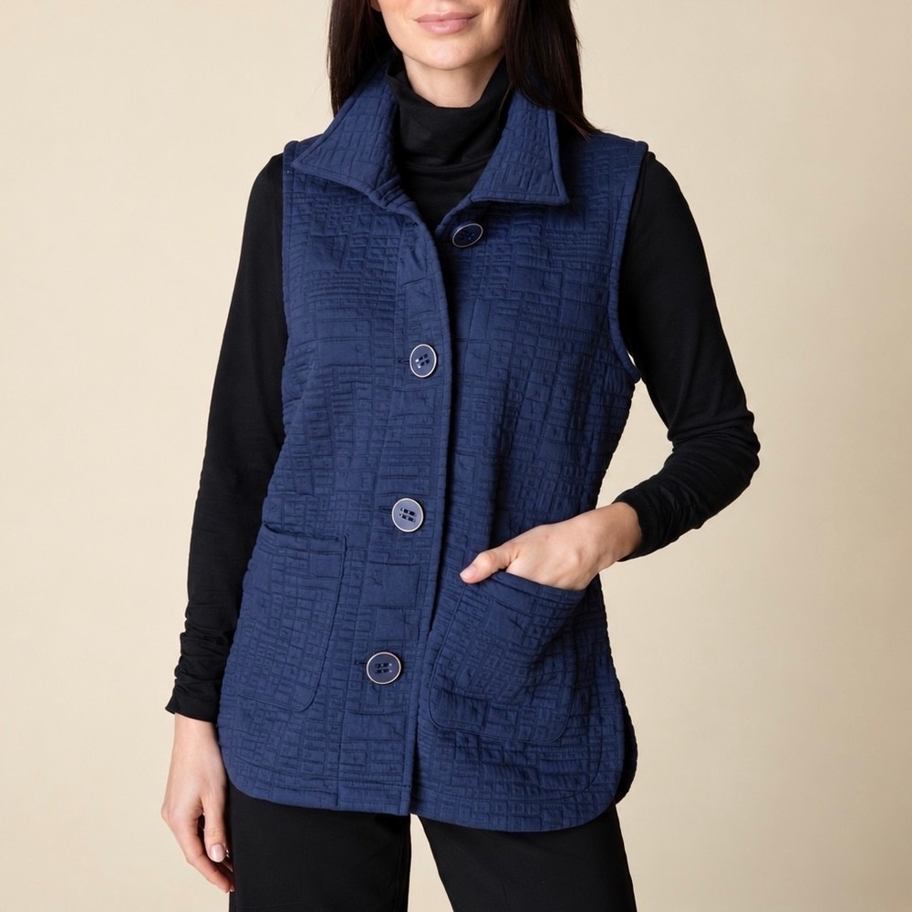 Habitat Clothes to Live In Vest L Navy Textured Button Front Lagenlook Pockets